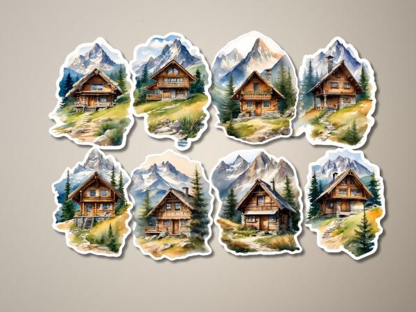 Sticker-Set mit handgezeichneten Berghüttenmotiven in einer malerischen Alpenlandschaft, umgeben von majestätischen Bergen, grünen Wiesen und Pinienbäumen. Perfekt zur Dekoration von Tagebüchern, Geschenken oder für kreative Bastelprojekte.